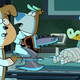 Animated Jellystone characters Cindy (holding a battle ax), Yogi (holding a chainsaw, and Boo-Boo (holding a large hammer) realizing they’re being summoned.